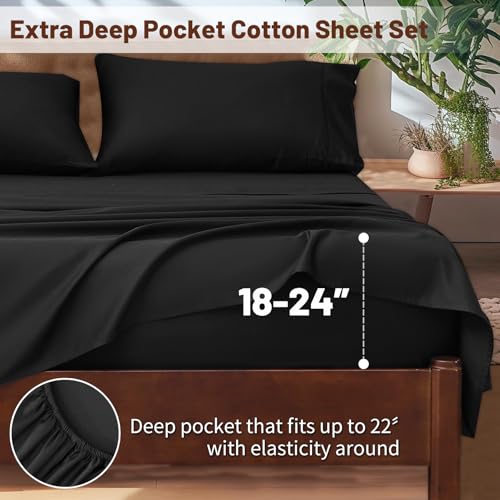 Image of Extra Deep Pocket Queen Sheets 18-24 Inch 100% Egyptian Cotton 1000 Thread Count Sateen Weave Soft Breathable 4 Pieces(Queen,Black)