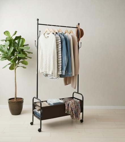 Image of KRISHYAM Heavy-Duty Metal Cloth Stand (Double Rod & Storage with 4Wheels - Black)
