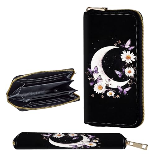 Wallet,Leather Long Wallet Suitable For Ladies And Teenagers - Detachable Wristband + RFID Travel Wallet With Card Slot - Moon Butterflies Daisies