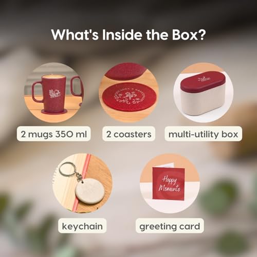 Image of Eha Earth-Friendly Christmas Gifts for Friends and Family | Secret Santa Gifts | Made with Rice Husk | Printed Christmas Mug and Coasters Set of 2, Keychain & a Loopac Box | 350 ml | Coral