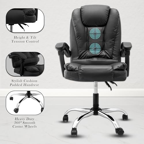 Image of Casa Copenhagen Italia Premium Leatherette Office Chair for Work | Boss Chair, Ergonomic Executive, Luxurious Cushioned Arms & Seat, 2 Point Back Massager, Heavy Duty Metal Base (Black)