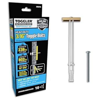 TOGGLER SNAPTOGGLE Heavy-Duty Drywall Toggle Bolt – 3/16"-24 UNC Zinc-Plated Anchor for Hollow Walls, Plaster & Tile – Holds 238 lbs in 1/2" Drywall, Easy Install – 10 Pack (with Bolts)