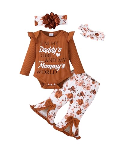 Image of SUNNY PIGGY Newborn Baby Girl Clothes Infant Outfits Romper Floral Fall Outfit Bell Bottoms Pant Sets Hat Headband Flowerpant