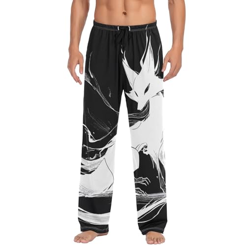 Men's Pajama Pants Fox Black White Print Lounge Pants with Pocket Drawstring S