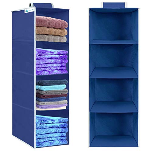 Image of Hanging Closet Organizer for Clothes Storage | Foldable Wardrobe Hanging Storage Rack | Non-Woven Multipurpose Cupboard Organizer for Clothes, Towels & Accessories (Blue, Pack of 2, 4)