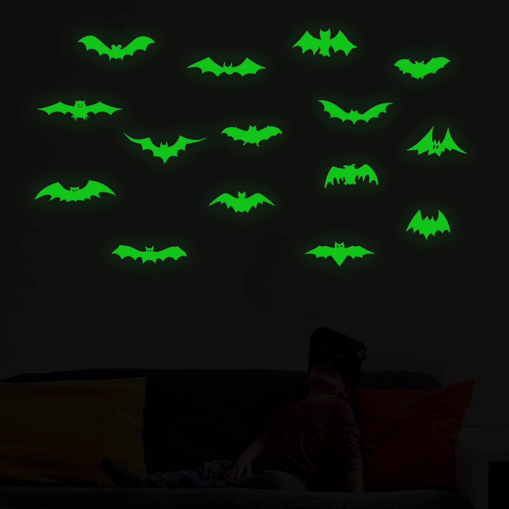 Xnhiu Fluorescence 15 Pieces Halloween Bat Wall Stickers Halloween Luminous Wall Stickers Glow In The Dark Window Wall Decals