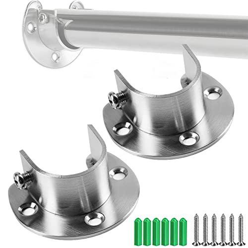 Closet Rod End Support Bracket 1 Inch Diameter Flanges Rod Holder Wardrobe Pole Socket, Silver 2 Pcs