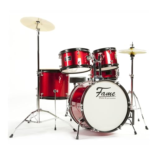 Fame 5 PC Drumset Red, Schlagzeug mit Bass Drum, Tom-Tom, Snare, Hardware und Hocker, inkl. Zubehör und Drumsticks
