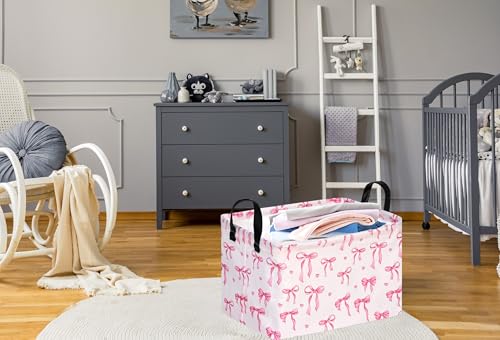 Image of Pink Bowknot Girls Gifts Storage Box Clothes Hamper Basket Collapsible Organizer Bin Toys Shelf Baskets for Home Bedroom Decor