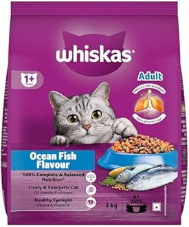 Whiskas Adult (1+ Years) Dry Cat Food, Ocean Fish Flavour, 3 kg, Contains 41 Essential Nutrients, Complete & Balanced Nutrition for Adult Cats