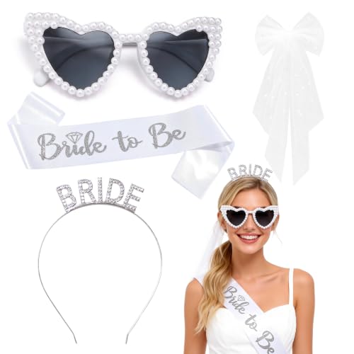 Stiedey 4pcs Hen Do Accessories Glitter Bride to Be Sash Bride Sunglasses Crystal Headband Bow Veil with Pearl Hen Party Accessories for Bachelorette Party Hen Night Party Wedding (Silver)
