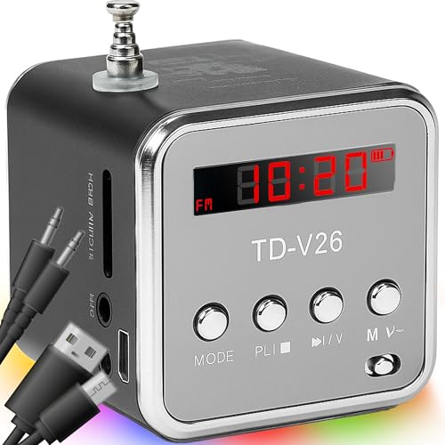 Retoo Lautsprecher, Mini Tragbar mit FM Radio, Bluetooth, 3W Leistung, USB/AUX/TF Eingänge, Mp3 Rekorder, LED-Beleuchtung, Ausziehbare Antenne