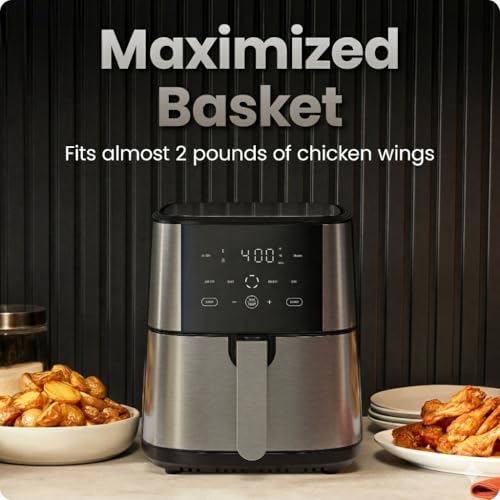 6 Qt. Air Fryer 4 Functions W/Touch Controls, HI-FRY Button, Stainless Steel - The Air Fryer Cranks Up The Temperature To 450°F For The Final Two Minutes Of Cooking