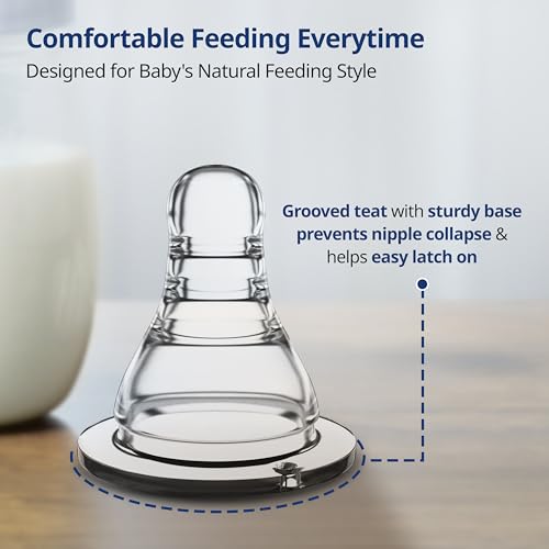 Image of LuvLap Anti-Colic Essential Teat /Nipple for Slim Neck Bottle,4Pcs Variable Flow, 9M+, Made ofSoft & Flexible Silicone, Mimics Breastfeeding, Leak Proof, Bpa Free, Comes with Sturdy Base
