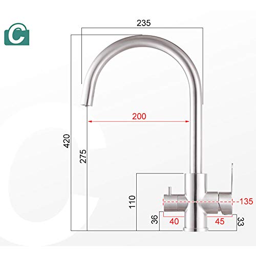 Robinet de cuisine 3 voies mitigeur acier inoxydable brossé eau potable chaude froide 360°