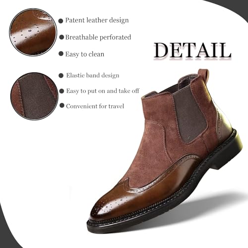Men'S Brogue Wingtip Chelsea Ankle Boots Retro Pointed Low Chunky Heel Slip-On Business Work Dress Boots Fashion Leather Casual Ankle Boots3