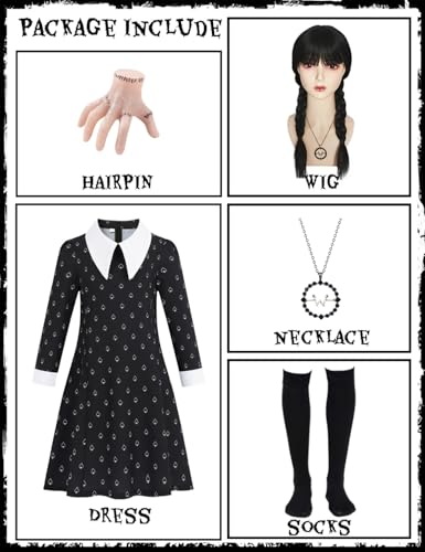 Wednesday Kostüm Mädchen Schwarz Kleid mit Motiv-Druck, Gothic Halloween Addams Famile Kinderkostüm mit Bubikragen, Perücke & Zubehör-Set, Kniestrümpfe, Kette, Haarspange A051S