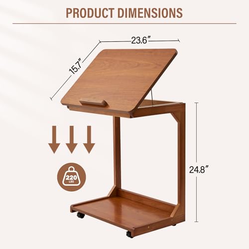 Image of Uniclinens Rolling Side Table, C Shape End Table Slide Under Sofa, Couch Tables, Wooden Sofa Desk with Wheels, Small TV Tray for Laptop Living Room Bedroom, Teak
