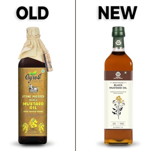 Image of Gyros Organic Farms Cold Pressed Black Mustard Oil 500ml | Plastic Bottle | No Chemical | Kacchi Ghani | Chekku | Sarso Tel | Good for Heart | Cholesterol Free | 100+ Lab-Tested Quality