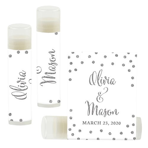 Andaz Press Personalized Bridal Shower Bachelorette Party Lip Balm Party Favors, Faux Silver Glitter Print, Bride's Name and Date, 12-Pack, Custom