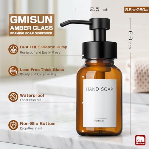 GMISUN Amber Foaming Soap Dispenser, 8.5 Fl oz Amber Glass Foam Hand Soap Dispenser for Bathroom & Kitchen, 2 Pcs Modern Refillable Foaming Soap Dispensers, Foam Pump Bottle with Label & Silicone Boot — view 7