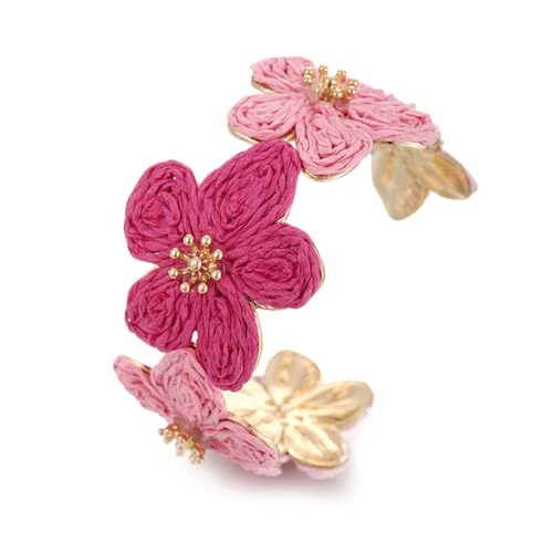 Raffia Flower Cuff Bracelet for Women, Floral Chunky Bangle Wide Open Cuff Statement Bracelet