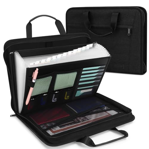 Uquelic File Organiser - File Storage Case with Handle and Zipper, 12 Pockets A4 Expanding File Folder - Important Document Organizer for Laptop, Files, Certificates - Black