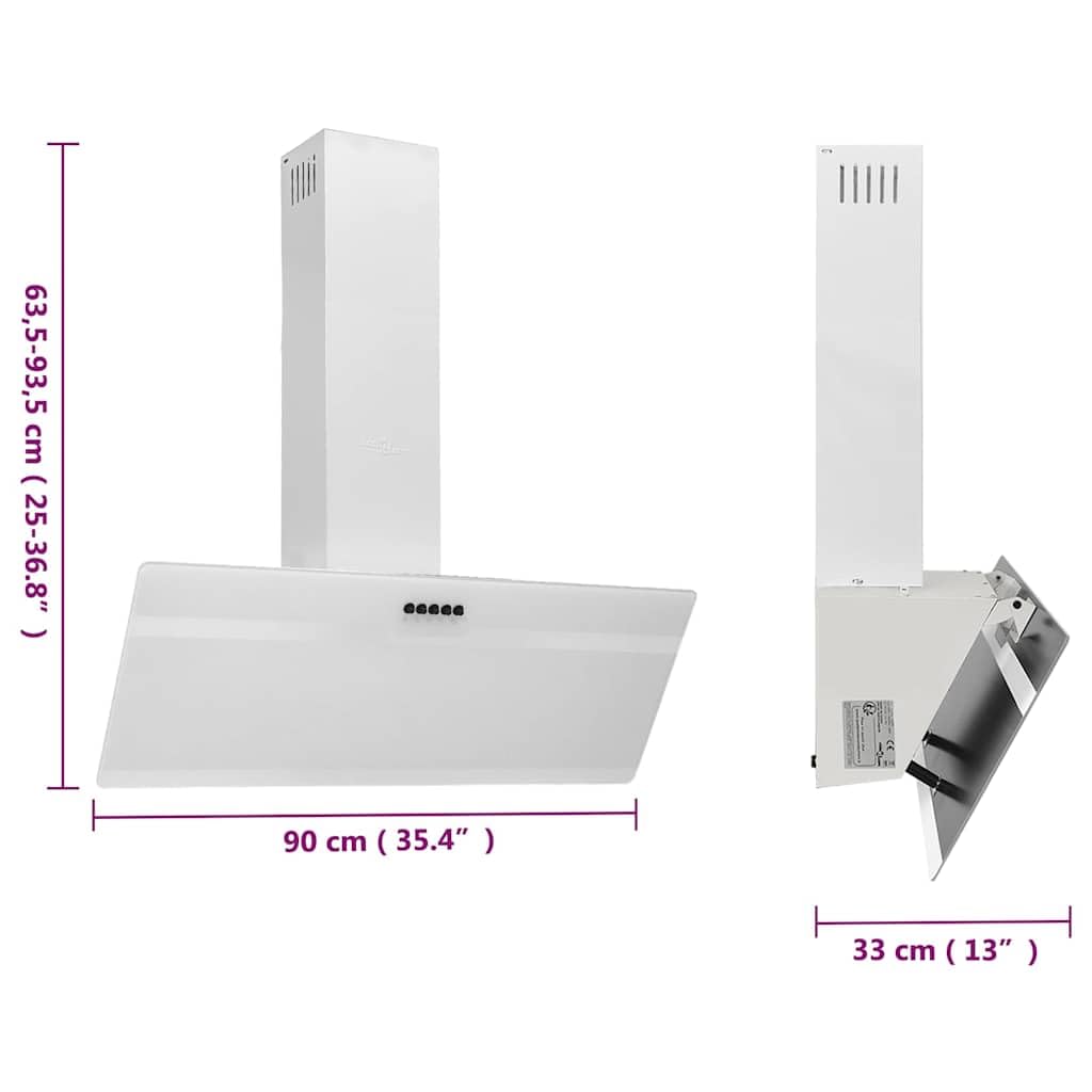 Dunstabzugshaube 90 cm aus Stahl und Hartglas Weiß leise mit 297 m³/h Abluft 3 Stufen LED-Beleuchtung Abluft Umluft geeignet platzsparend für Küche Kochinsel