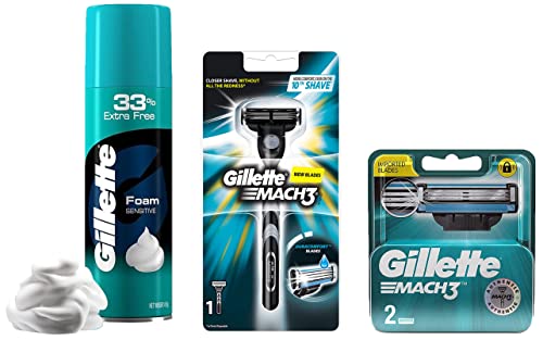 Image of Gillette Mach3 New Blade Razor - 1 Count & Classic Sensitive Shave Foam - 418 g (33% extra) & Mach 3 Manual Shaving Razor Blades - 2s Pack (Cartridge)