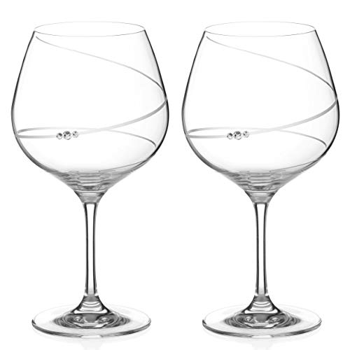 DIAMANTE Gin Copa Glasses Pair 'Toast Swirl' - Adorned with Crystals - Burgundy Gift Box