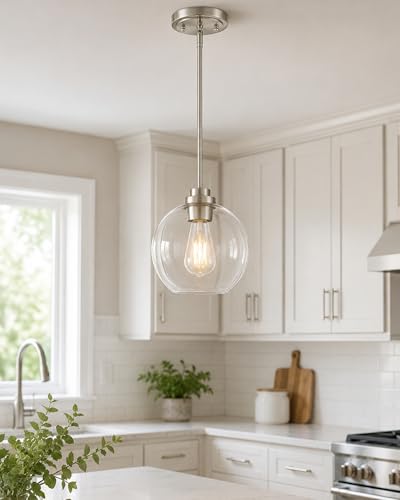 Image of 2 Pack Pendant Lights Kitchen Island, 8 inch Brushed Nickel Pendant Light Fixtures with Globe Clear Glass Shade, Modern Kitchen Island Lighting for Bathroom, AD-22280-2PL-SN