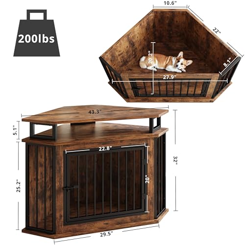 IRONCK 44" Corner Dog Crate with 2-Tier Shelves, Wooden Dog Kennel Furniture, Dog Kennel Indoor Furniture for Small and Medium Dogs, Rustic Brown (23.6" L x 43.3" W x 32.3" H) - Image 3