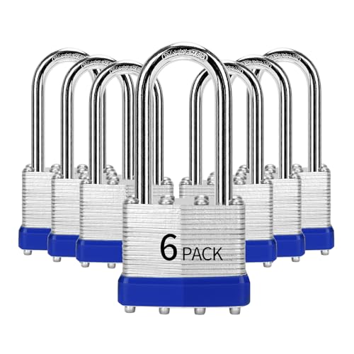 Image of Padlocks Keyed Alike, Pack of 6, Laminated Steel Keyed Lock (1-9 /16 inch, 40mm), Padlocks with Same Key, Long Shackle, for Toolbox, Locker & Storage Unit, and More