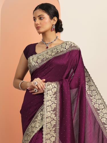 Image of Libas Embellished Silk Blend Saree for Women With Unstitched Blouse Piece | Traditional Saree for Festive & Wedding