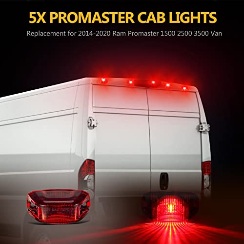 Broview 5Pcs Red Led Rear Top Roof Cab Marker Lights Replacement For 2014 2015 2016 2017 2018 2019 2020 Ram Promaster 1500 2500 3500 Vans Tail Running Clearance Lamps Assembly, W/Replaceable Bulbs #TOP2