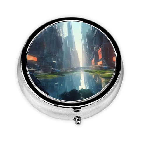 WZYWHJ The City on The Water Printing Circular Medicine Box Storage, Portable Travel with compartments, mini Pill Dispenser