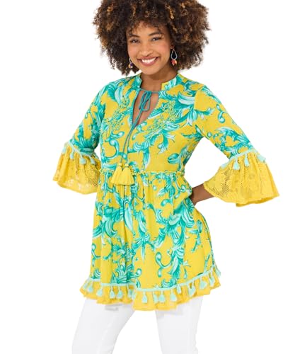 Joe Browns Women's Fashion Boho Print Beaded Cotton Tunic Dress, Regular Fit, Yellow, UK 14