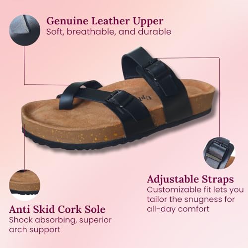Image of Women's Genuine Leather Slippers | Comfort Sandals | Cushioned Suede Footbed | Anti-Skid Cork Sole | Flip Flips for Everyday Use