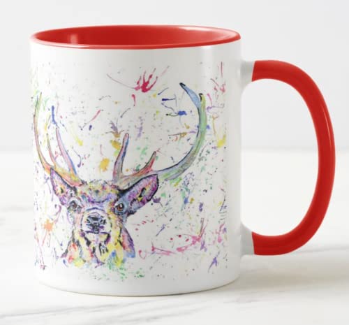 Image of Vixar Stag Scottish Wildlife Watercolour Rainbow Art Coloured Mug Cup, Gift, Birthday, Work, Office, Christmas Tea Coffee (Red)