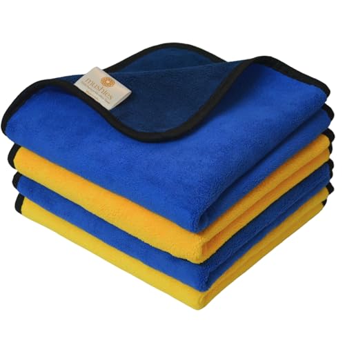 Image of MUSHIES 800 GSM Microfiber Cloth (40x40 cm, Pack of 4) Double Layered Highly Absorbent Heavy Plush Microfibre Towel Cloth for Car Cleaning, Washing, Drying, Polishing & Detailing (Blue /Yellow)