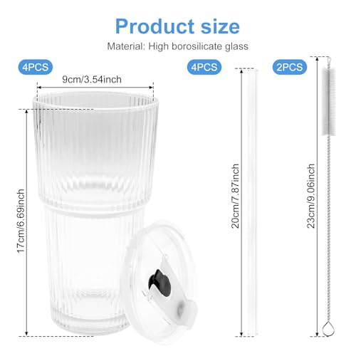 Set 4 vasos de vidrio con tapa y popote 20 oz miniatura 2