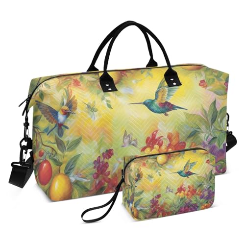 Large Travel Duffel Bag, Vintage Humming Bird Sports Tote Gym Bag, Shoulder Weekender Overnight Bag for Women Men, Carry On Luggage with Toiletry Bags