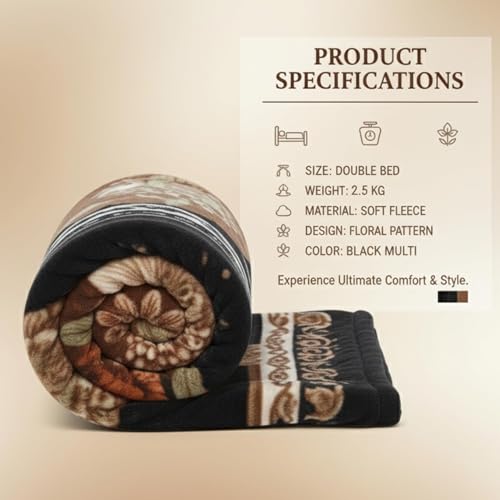 Image of HEMAKAS CLOTHINGS Luxurious Heavyweight Microfiber Korean-Style Plush Blanket, Floral Velvet, 240x220 cm, Winter Comfort, Single Layer (Black Multicolor, Single)