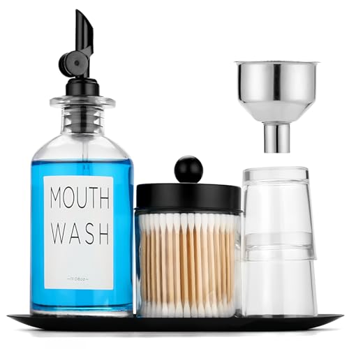 Juego de vasos de cristal para baño de boca – Dispensador con tazas y embudo – Botella de cristal con soporte Qtip – Negro