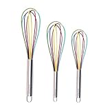 Silicone Whisk Set of 3 - Stainless Steel & Silicone Kitchen Utensils for Blending, Whisking, Beating & Stirring - (Blue: 12-inch, Red: 10-inch & Green: 8.5-inch) (Rainbow)