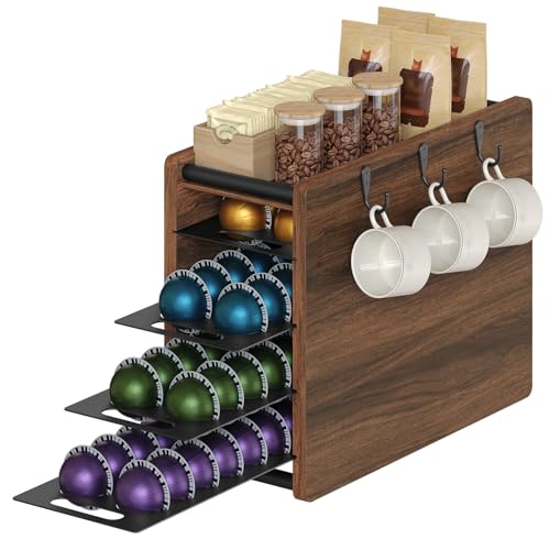 Image of YATINEY Coffee Pod Drawer Holder, 72 Pods Large Capacity, 4 Tier Holder for Vertuo, Coffee Pod Organizer for Countertop, Storage Rack for Nespresso Vertuo Pods, Space Saving, Walnut KH06BH