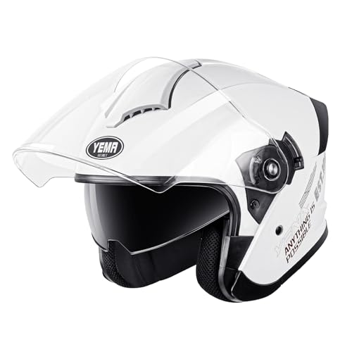 YEMA 3/4 Open Face Motorcycle Helmet DOT Approved - Dual Visor, Quick Release Buckle, Adult Motorbike Helmets for Men & Women, Moped Scooter Street Bike Helmet YM-650, White, M