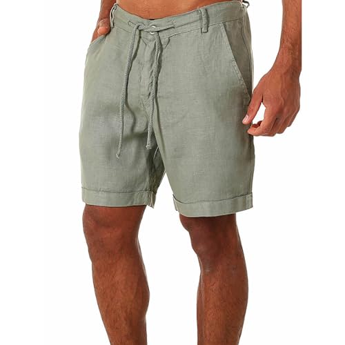 RLEHJN Linen Shorts Men Summer Plain Cotton Beach Shorts with Pockets Solid Color Elasticated Waist Short Bottoms Casual Half Pants for Walking, Running, Fishing, Hiking & Camping S-3XL Green