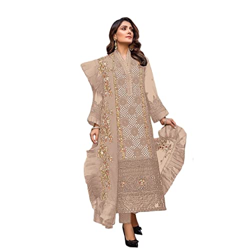 Image of Miss Ethnik Women's Faux Georgette Semi Stitched Top With Unstitched Bottom and Nazmin Dupatta Embroidered Straight Kurta Dress Material (Pakistani Salwar Suit)