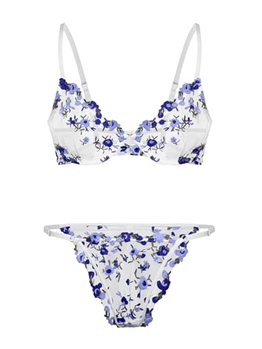 Image of Lilosy Sexy Floral Embroidered Mesh Sheer Underwire Lingerie Set